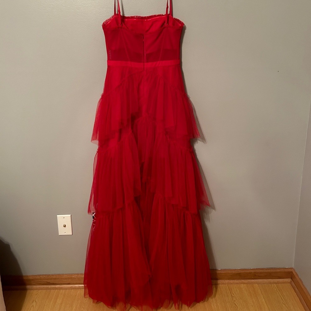 Betsy & Adam Red Tiered Tulle Prom Dress - Picture 2 of 10